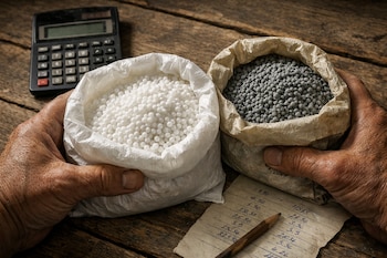 Primer plano de manos sosteniendo dos sacos de fertilizantes (urea blanca y sulfato gris) sobre una mesa de madera, junto a una calculadora y una hoja con números.