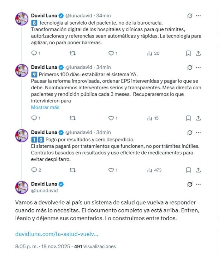Este es parte del décalogo del precandidato presidencial David Luna y su propuesta para mejorar el sistema de salud en Colombia - crédito @lunadavid/X