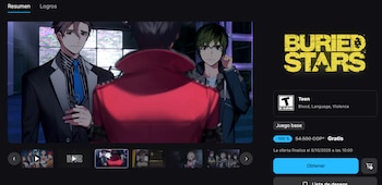 Captura de pantalla de una página web que muestra la ficha del videojuego Buried Stars con una promoción gratuita