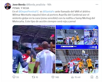 Post de José Borda sobre la polémica jugada del partido Pereira vs. Santa Fe - crédito X