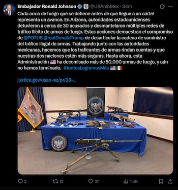 Reconoce Ronald Johnson el decomiso de armas en Arizona: “Cada arma de fuego que se detiene antes de que llegue a un cártel representa un avance”. RRSS