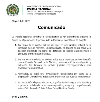 El hallazgo del cuerpo sin vida de Julián David Benítez, patrullero de 19 años perteneciente al Grupo de Operaciones Especiales (Goes) de la Policía Nacional de Colombia, ha generado inquietud en la institución y entre sus familiares - crédito Policía Metropolitana de Bogotá