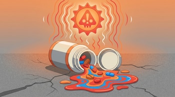 Frasco de medicamento abierto sobre asfalto agrietado. Píldoras rojas, azules, naranjas derritiéndose en charcos. Sol con calavera y exclamación emite ondas de calor.