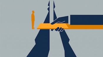 Ilustración minimalista en gris, azul y naranja de una figura humana junto a un abismo y una mano que coloca un puente sobre la grieta.