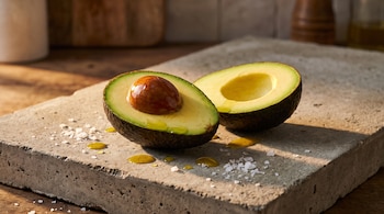 Dos mitades de un aguacate con hueso, gotas de aceite de oliva y escamas de sal sobre un bloque gris de hormigón.