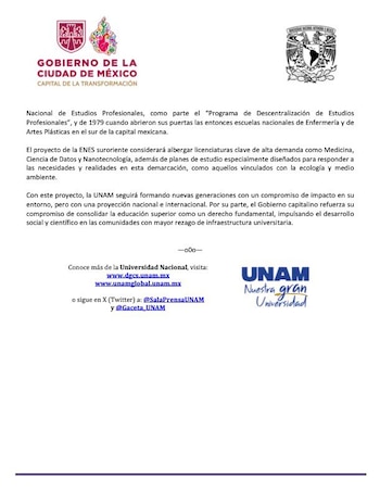 Documento con los logotipos del Gobierno de la Ciudad de México y la UNAM que contiene un texto informativo sobre un proyecto universitario