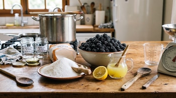 Un cuenco con moras, un plato con azúcar, medio limón, un recipiente con jugo, frascos de vidrio y utensilios sobre una mesa de madera.