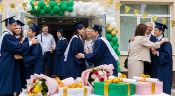 Jóvenes con togas y birretes azules abrazan a adultos en la salida de una escuela decorada con globos; cajas de regalo y ramos de flores en primer plano.