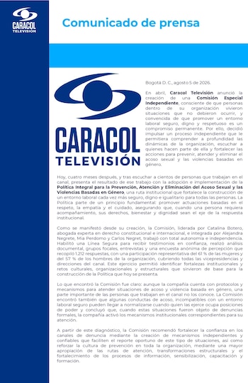 Caracol Televisión entregó resultados de la implementación de una Política Integral para la Prevención, Atención y Eliminación del Acoso Sexual y las Violencias Basadas en Género - crédito @CaracolTV/X