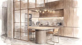 Ilustración en acuarela de una cocina con una isla central, dos taburetes, gabinetes de madera, una lámpara colgante y un panel de vidrio.
