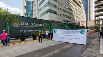 Grupo de personas con un cartel blanco y banderas verdes frente a un edificio con el letrero "MEDIO AMBIENTE", en una calle con plantas y conos.