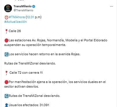 Manifestaciones afectan operación de Transmilenio en Bogotá - crédito @TransMilenio/X