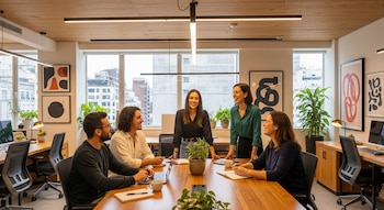 Cinco empleados, tres hombres y dos mujeres, conversan y sonríen alrededor de una mesa de madera en una oficina moderna con grandes ventanas, plantas y luz natural.