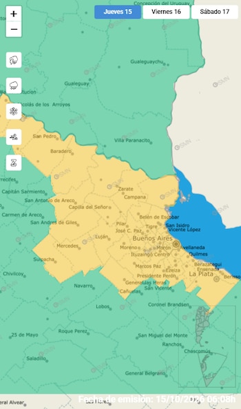 El SMN emitió una alerta de nivel amarillo que abarca el AMBA y el noreste de la provincia de Buenos Aires por lluvias intermitentes de carácter intenso