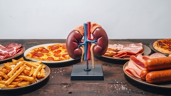 Un modelo de riñones en un soporte rodeado por platos con salchichas, jamón, panceta, porciones de pizza y papas fritas sobre una mesa de madera