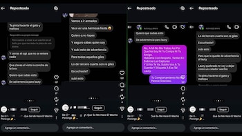 Dos capturas de pantalla de una conversación de chat en una plataforma de redes sociales, con burbujas de texto grises y moradas, íconos de me gusta y comentarios