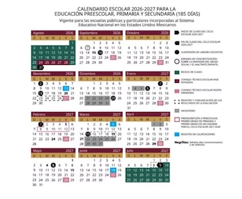 Calendario preliminar del ciclo escolar 2026-2027