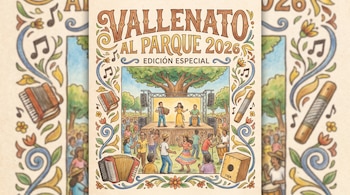 Dibujo de la portada del festival Vallenato Al Parque 2026 con músicos en un escenario, público, acordeones, guacharaca, caja y notas musicales.