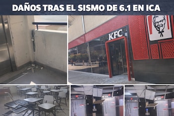 Collage de cuatro imágenes que muestran daños por sismo en Ica: pared agrietada, cristales rotos de un KFC, aula con pupitres volcados y techo de ascensores dañado.