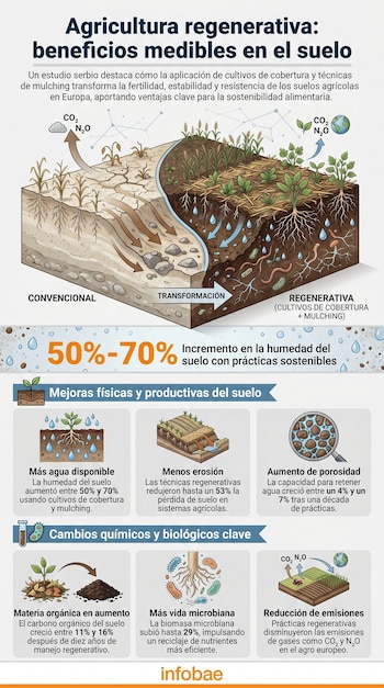 Infografía compara suelo convencional seco con suelo regenerativo, mostrando raíces, acolchado, lombrices y beneficios como mejor retención de agua y menos erosión.