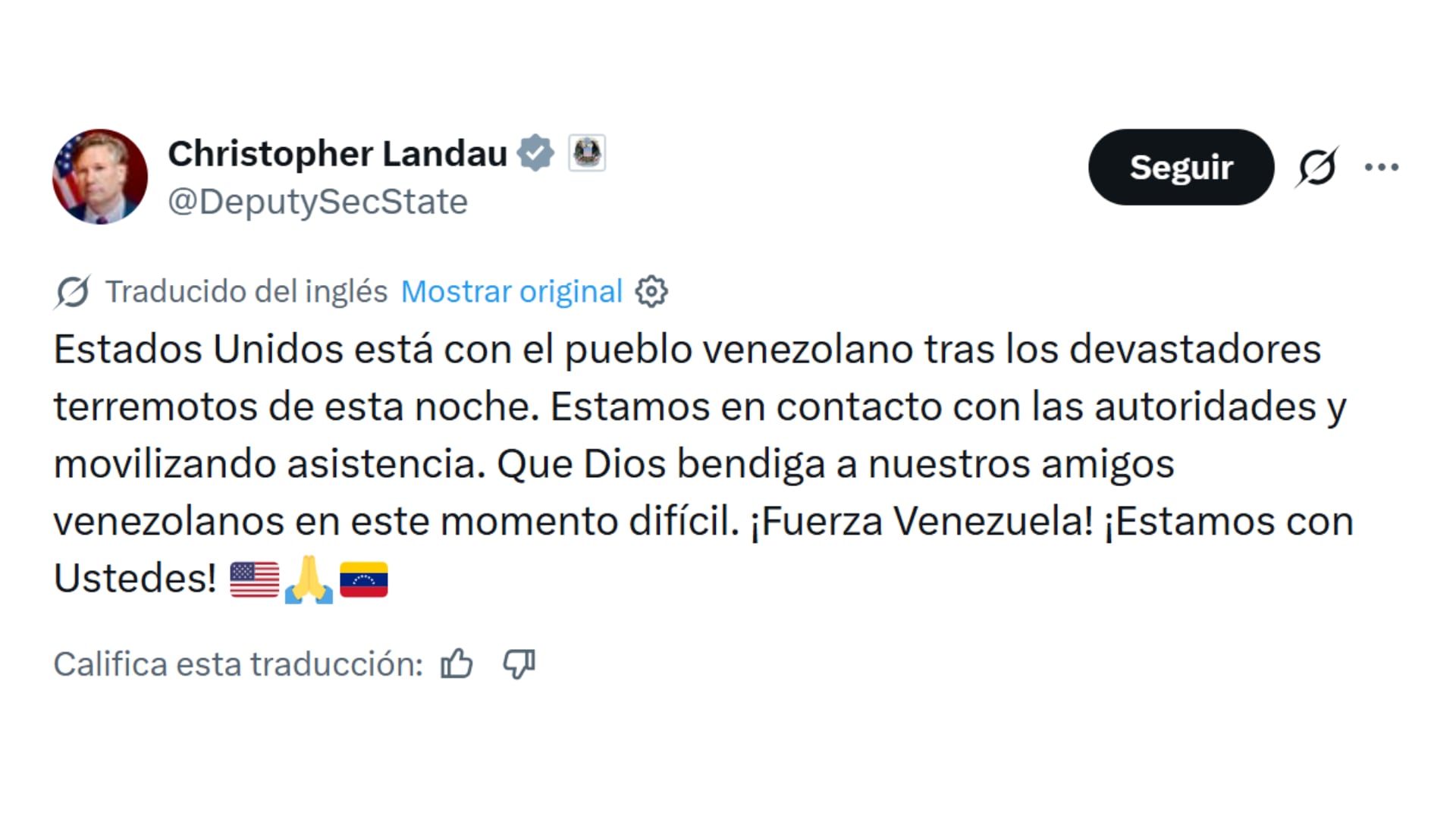 El subsecretario de Estado de EEUU aseguró que Washington está en contacto con autoridades de Venezuela (@DeputySecState)