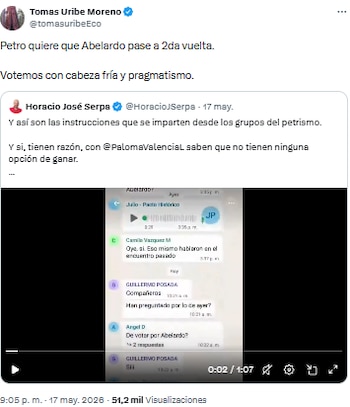 Tomás Uribe advirtió que “Petro quiere a Abelardo en segunda vuelta” y llamó al voto estratégico - crédito @tomasuribeEco/X