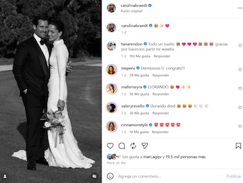 Captura de pantalla de una foto en blanco y negro de una pareja vestida de novios en un campo junto a comentarios de red social