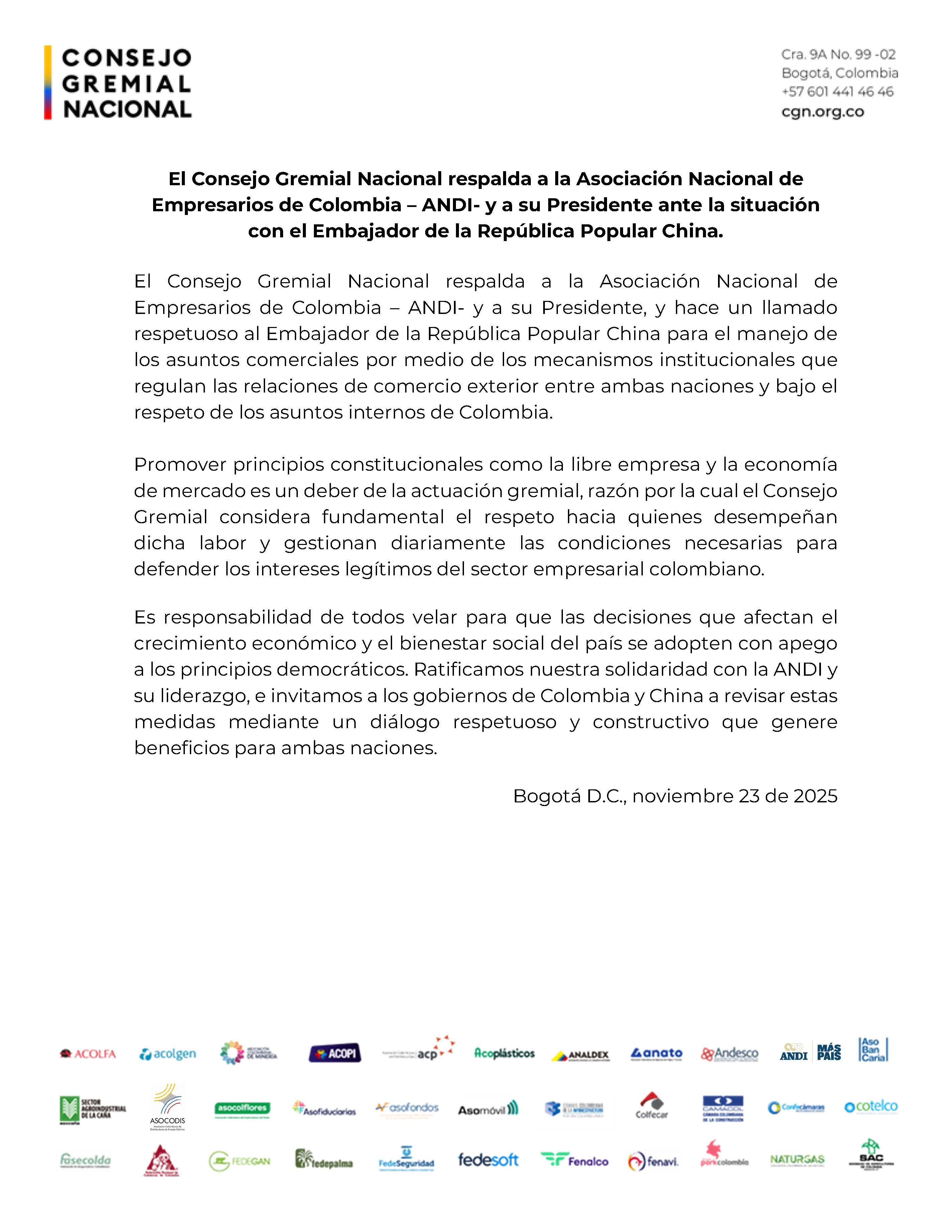 El Consejo Gremial Nacional expresó respaldo a Bruce Mac Master - crédito Consejo Gremial Nacional