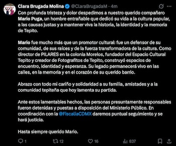 Mensaje de la jefa de Gobierno tras al accidente donde murió Mario Puga. Crédito: X - @ClaraBrugadaM