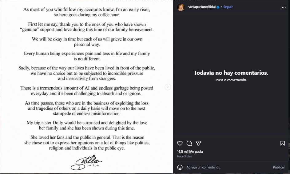 Stella Parton pidió respeto a los fans de Dolly Parton para honrar su memoria.