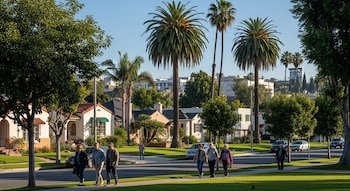 Vista de un barrio residencial en Los Ángeles con adultos mayores caminando por una acera. Se ven casas, palmeras altas, árboles y calles con vehículos estacionados.