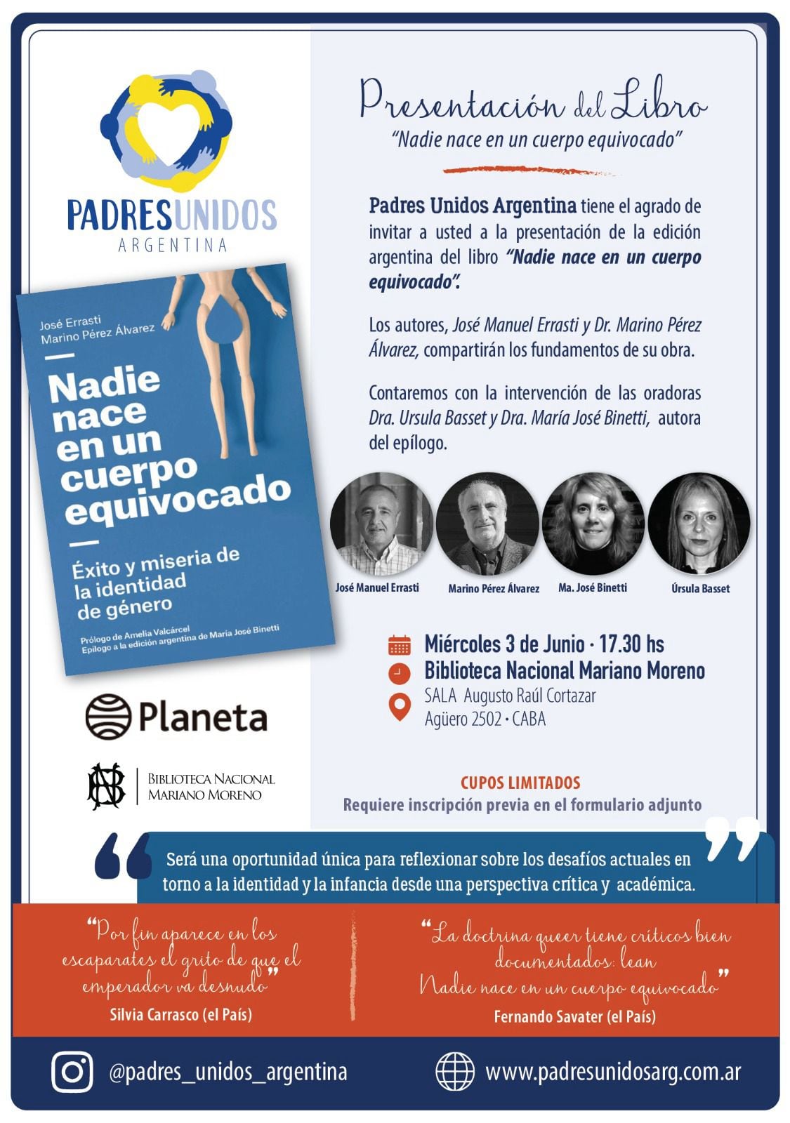 El flyer de la presentación y la tapa de la edición argentina del libro de Errasti y Pérez Álvarez