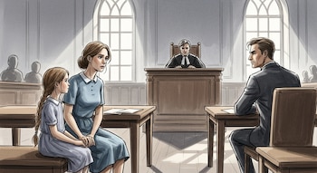 Ilustración de una sala de tribunal donde una madre y una niña, de espaldas al espectador, se sientan frente a un hombre y un juez.