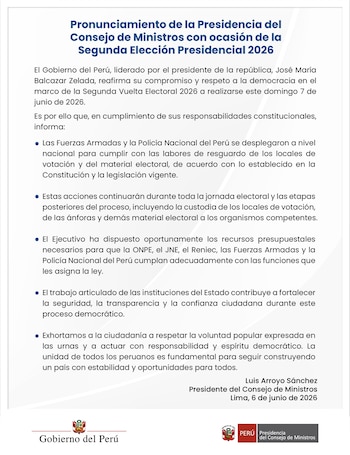 PCM reafirma compromiso con la democracia y garantiza seguridad para la segunda vuelta electoral del 7 de junio. (Foto: X/@PCM)