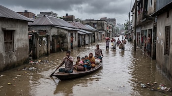 Varias personas viajan en una barca de madera por una calle inundada flanqueada por casas y vecinos caminando con equipaje.