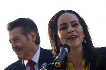 FILE PHOTO: Mayor of Nuevo Laredo Carmen Lilia Canturosas and the Mayor of Laredo Pete Saenz speak at a news conference as the U.S. reopens air and land borders to COVID-19 vaccinated travellers for the first time since coronavirus disease (COVID-19) restrictions were imposed, near the Gateway to the Americas crossing in Laredo, Texas, U.S. November 8, 2021. REUTERS/Pu Ying Huang/File Photo
