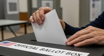 Manos de persona introduciendo sobre blanco en urna electoral negra con bandera de Estados Unidos y texto "OFFICIAL BALLOT BOX".