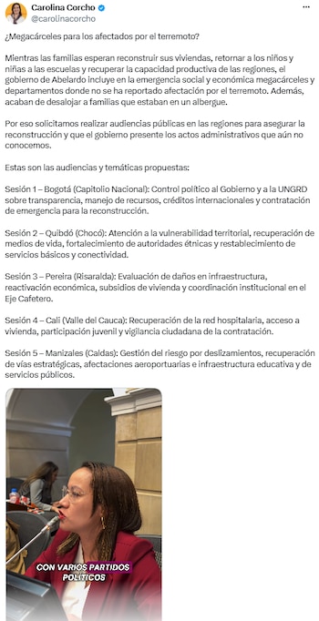 Carolina Corcho pidió cinco audiencias para vigilar la reconstrucción tras el terremoto - crédito @carolinacorcho/X