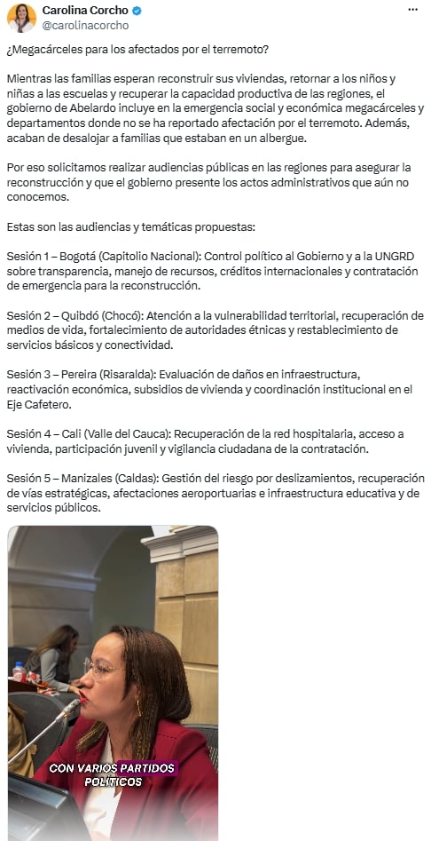 Carolina Corcho pidió cinco audiencias para vigilar la reconstrucción tras el terremoto - crédito @carolinacorcho/X