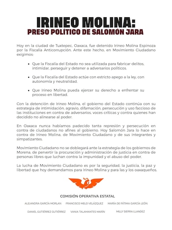Denuncia pública de MC Oaxaca tras la detención de Irineo Molina. Crédito: Facebook - Movimiento Ciudadano Oaxaca