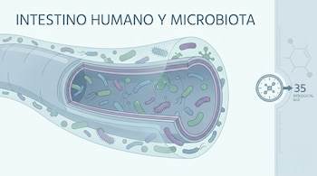 Ilustración médica detallada de un intestino humano en corte transversal, mostrando bacterias y microbioma, con un indicador de "Edad Biológica 35" y una molécula.
