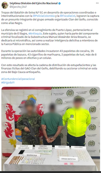 Capturan a presunto integrante del Clan del Golfo en operación conjunta en El Bagre - crédito @Ejercito_Div7/X