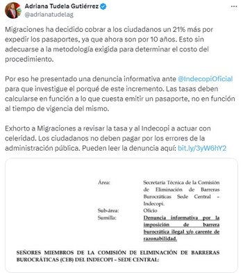 Adriana Tudela presentó una denuncia