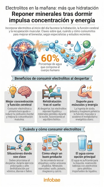 Infografía sobre electrolitos con ilustraciones de un cerebro, moléculas, un músculo, una persona despertando, un vaso de agua y una etiqueta.