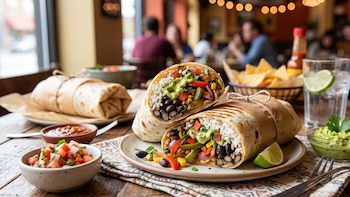 Primer plano de dos burritos vegetarianos sobre una mesa de madera, uno cortado mostrando arroz, frijoles, verduras y aguacate. Al fondo, más comida y personas borrosas
