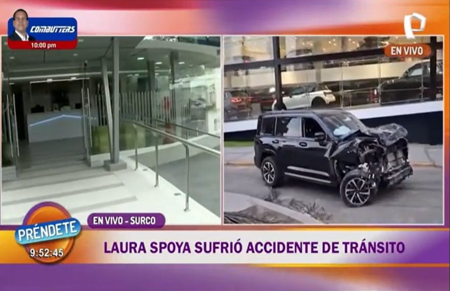 La camioneta de Laura Spoya y parte del inmueble donde se estrelló muestran graves daños tras el aparatoso accidente de tránsito en Surco. (Panamericana / Préndete)