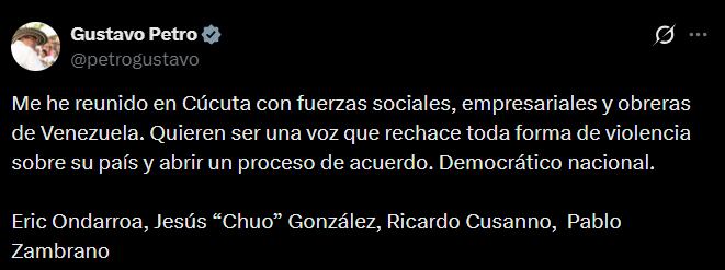Petro confirma su reunión con fuerzas sociales, empresariales y obreras de Venezuela, enfocada en un acuerdo democrático nacional. - crédito @petrogustavo/X