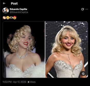 Fotografía comparativa de dos mujeres, ambas con cabello rubio rizado, lápiz labial rojo brillante, vestidos strapless plateados y collares