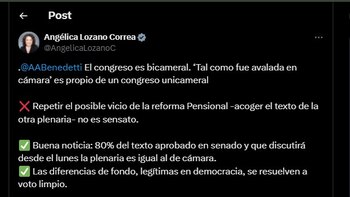 La senadora Angélica Lozano defiende el respeto al bicameralismo en el proceso legislativo de la reforma - crédito @AngelicaLozanoC/X