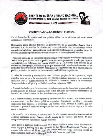 El panfleto hallado tras el atentado contiene señalamientos contra empresas privadas y menciona objetivos del ELN-Prensa llanera/Facebook